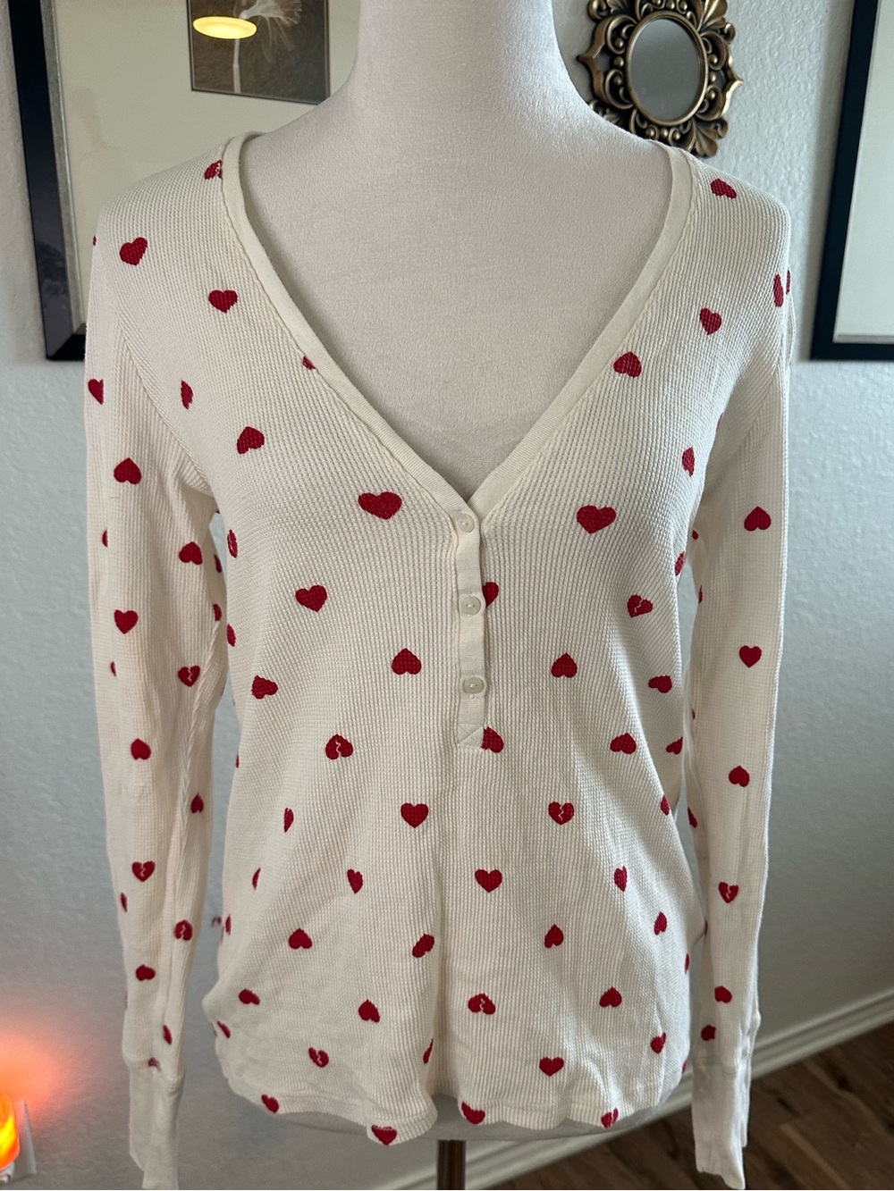 Victoria’s Secret Heart Print Waffle Knit Long Sleeve Top